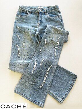 Vintage Cache Women's Light Denim Jeans | Rare Pearl & Sequin Embellished Size 2
